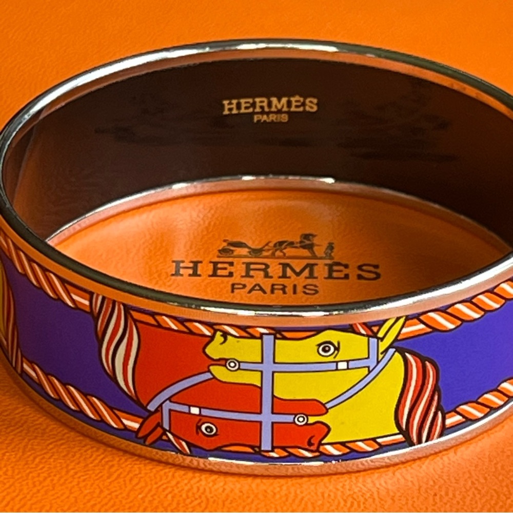 🔥SALE Hermes Enamel GM Bangle Horse Motif Bracelet Cloisonné Metal Multicolor